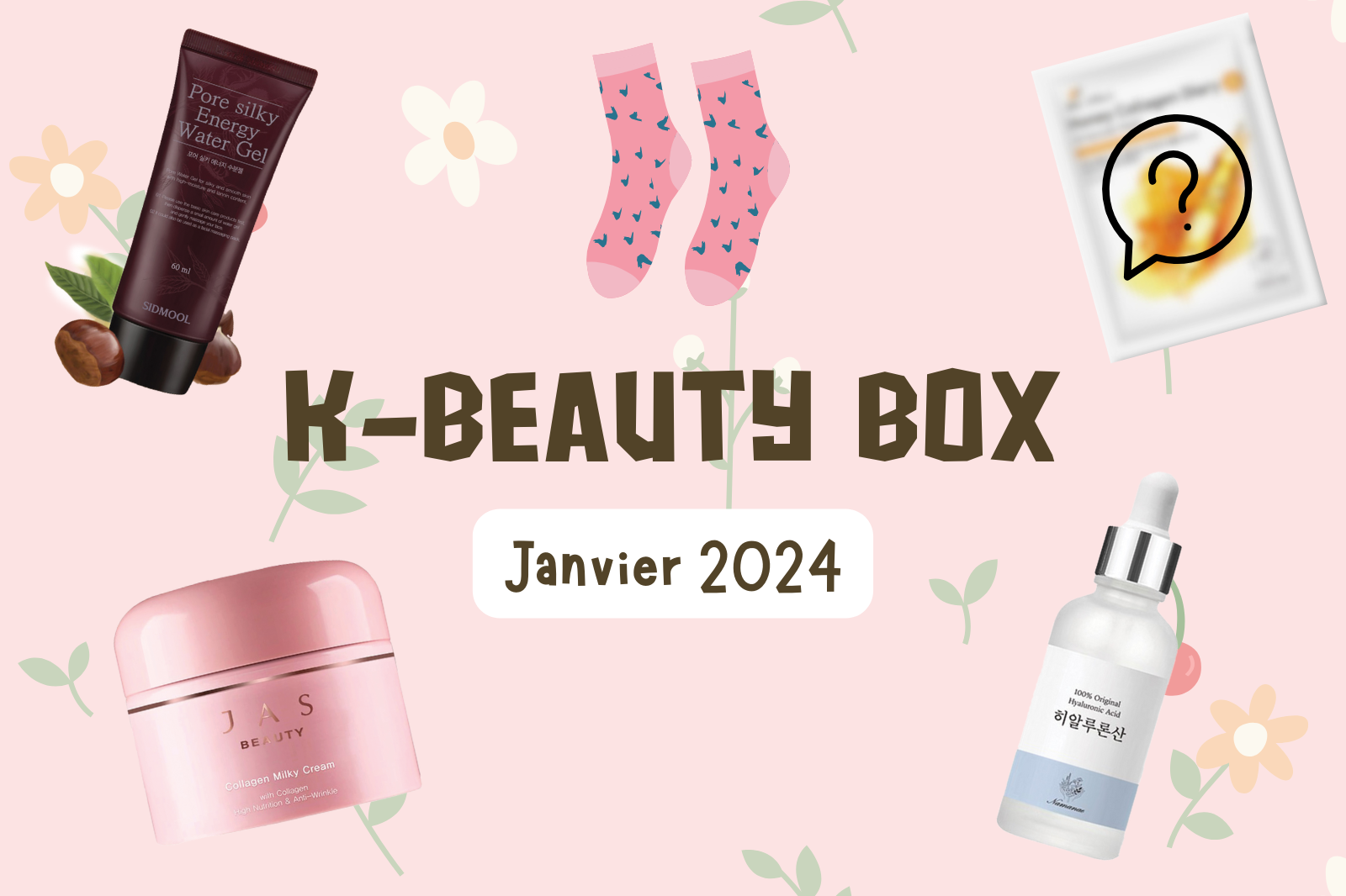 Kbeauty Box de Janvier 2024 avec produits de soins et illustrations colorées.