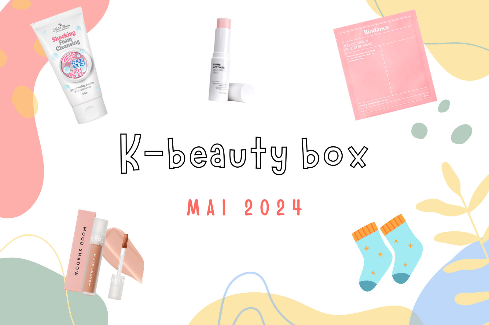 K-beauty Box de Mai 2024 avec des produits de beauté coréens et des éléments colorés, en fond graphique.