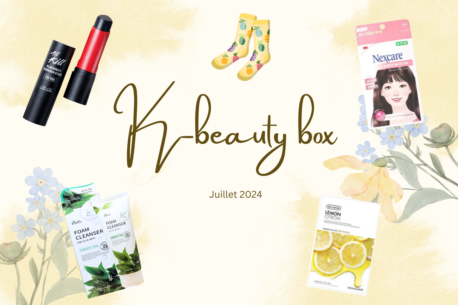 Découvrez la K-beauty Box de Juillet 2024 🌸 avec des produits essentiels pour l'été, illustrée ici avec un design floral.