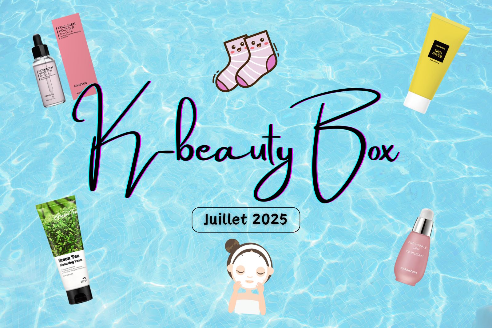 Produits de la K-Beauty Box de Juillet 2025 sur un fond d'eau, incluant soins de la peau et accessoires.