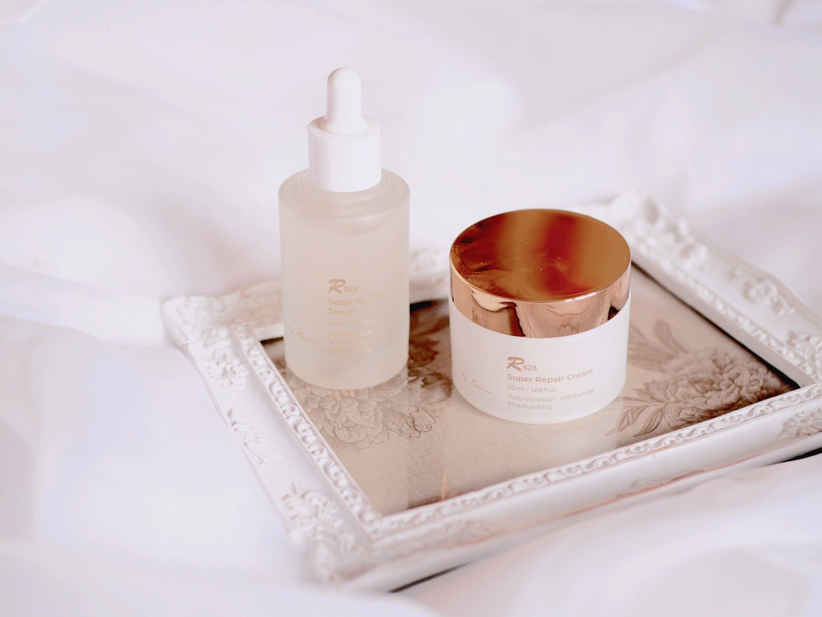 Produits de soin R828: DES SOINS ANTI-AGE EGW GREEN sur un plateau blanc élégant