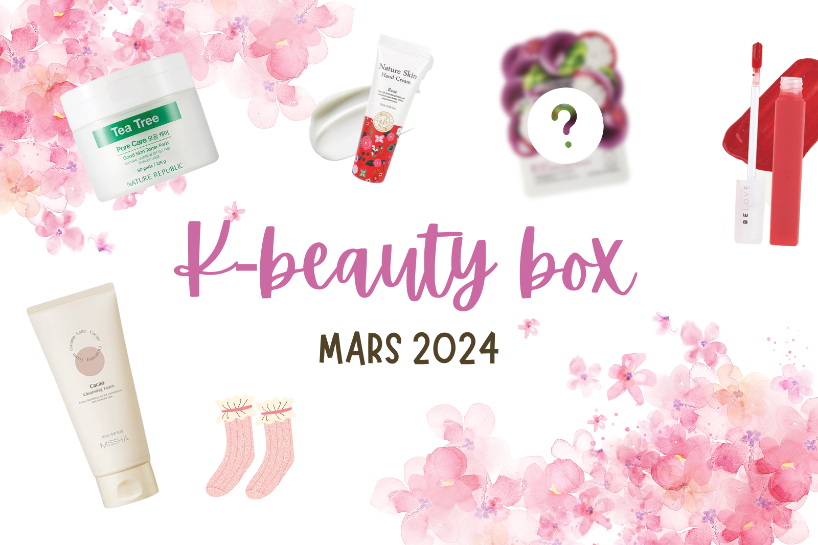 Kbeauty Box de Mars 2024 avec produits de beauté coréens et design floral.