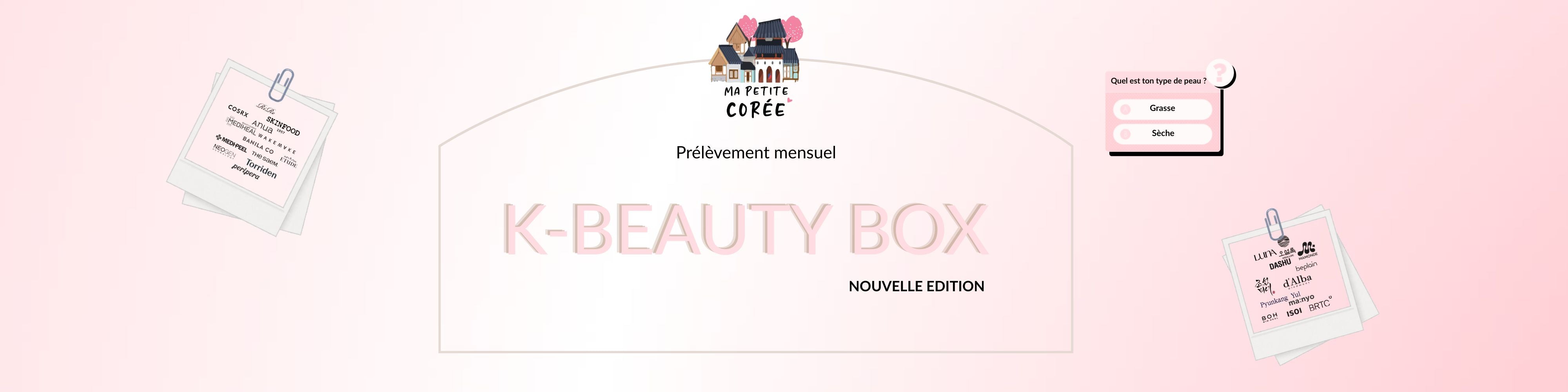 Découvrez la nouvelle édition de la K-Beauty Box 🌸 mise en scène sur fond rose avec des illustrations inspirées de la beauté coréenne.