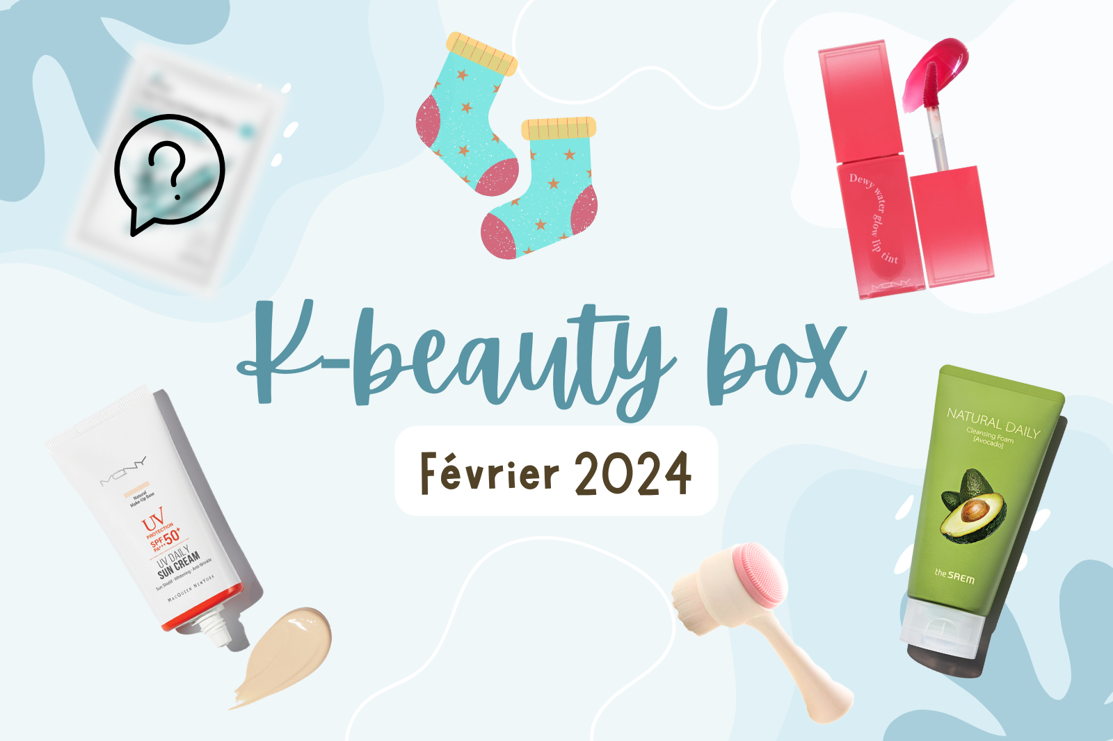 Produits de la Kbeauty Box de Février 2024 avec accessoires de soins de la peau et maquillage coréen en toile de fond colorée.