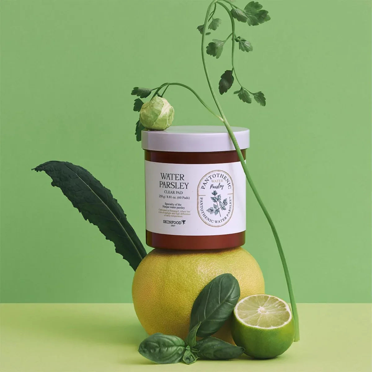 SKINFOOD Pantothenic Water Parsley Clear Pad 60 pads, pot sur fond vert, citron & plantes—produit de soin skincare.