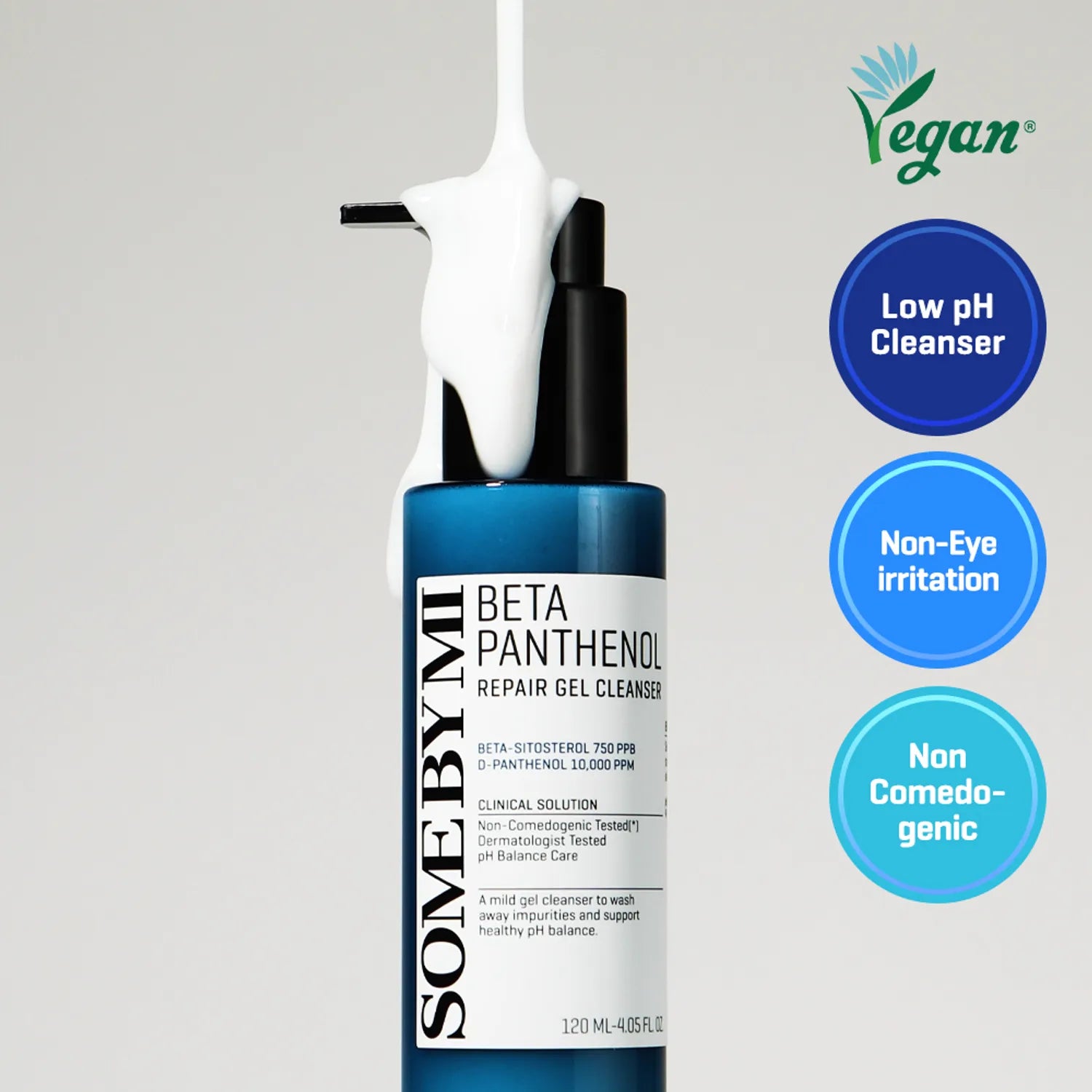 SOME BY MI Beta Panthenol Repair Gel Cleanser 120ml, flacon bleu, produit démaquillant sur fond blanc, style visuel skincare.