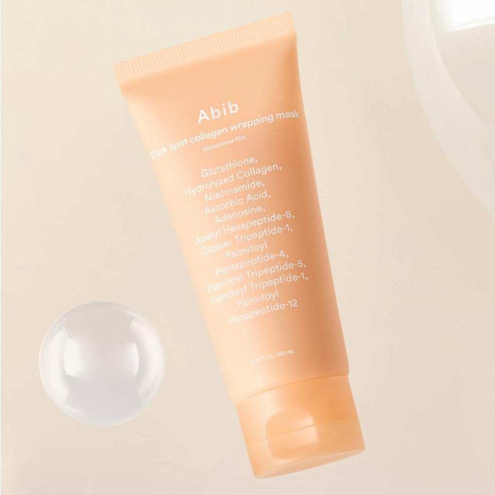 ABIB Blemish Collagen Wrapping Mask Glutathione Film 100ml, tube crème Abib sur fond clair, gel texture en goutte.