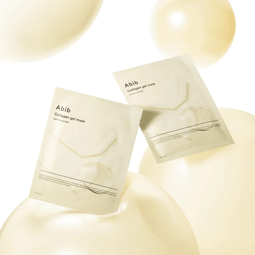 ABIB Collagen Gel Mak Jericho Rose Jelly d’ABIB, masques en gel en pochettes sur fond clair, 10 sheets.
