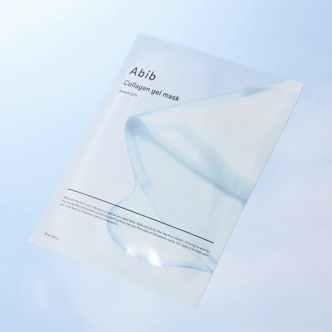 Décris l'image en français : ABIB Collagen Gel Mask Moisture Jelly 35g, masque gel hydratant ABIB sur fond bleu clair.