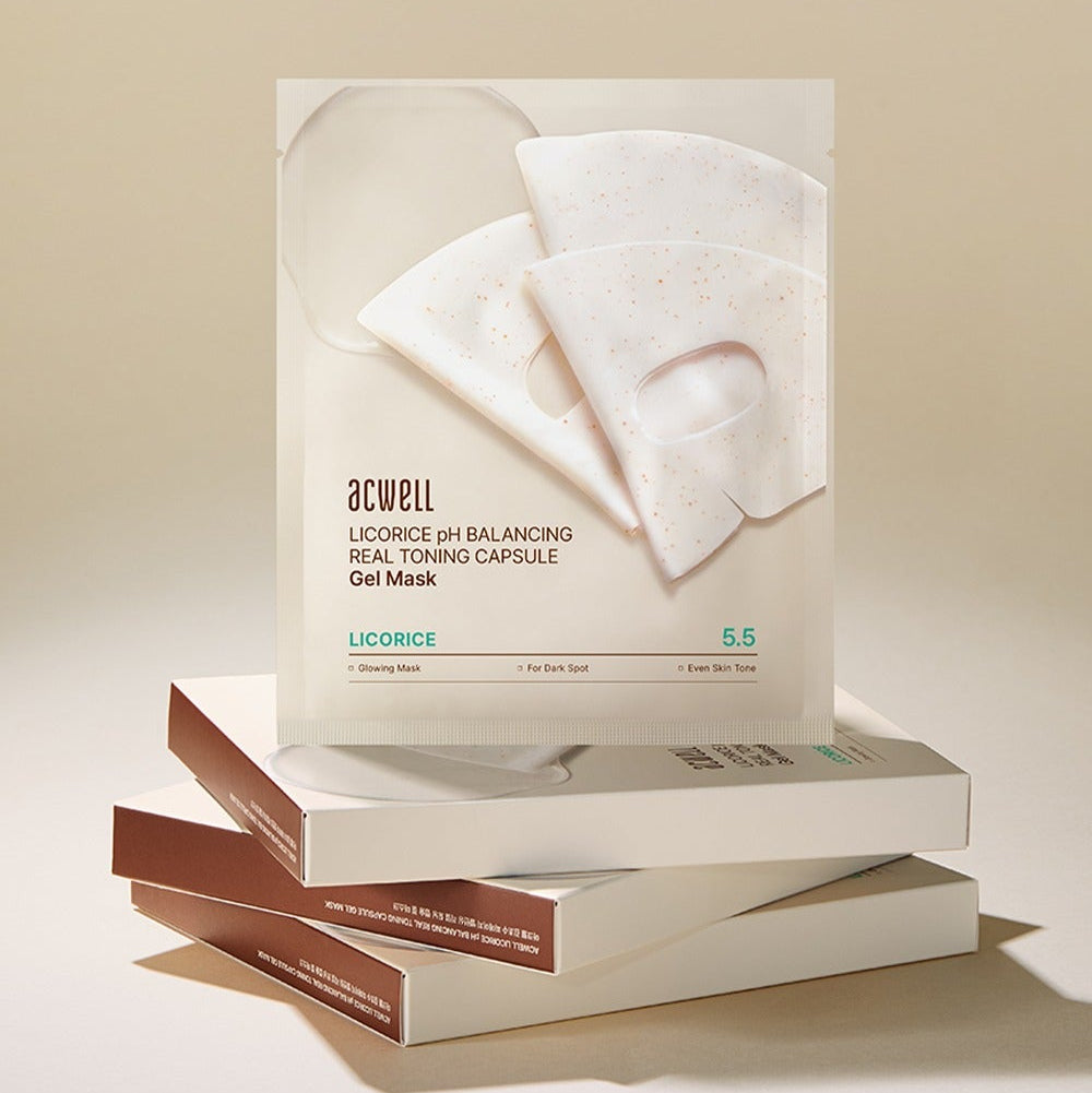 ACWELL Licorice pH Balancing Real Toning Capsual Mask Sheets 4ea, masques en feuille licorice sur boîte, marque ACWELL