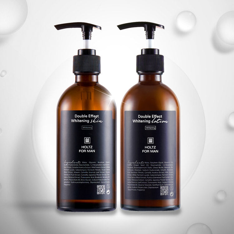 ANNA HOLTZ For Men Whitening Skin Lotion 300ml 2 Pieces : deux flacons sur fond clair, bulles, contexte visuel produit.