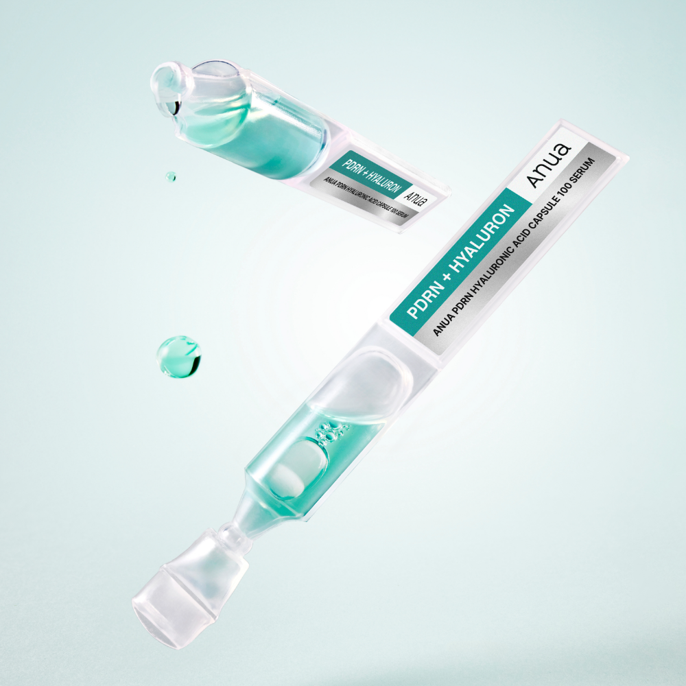 ANUA PDRN Hyaluronic Acid Capsule 100 Serum, sérum capsules d’Acide Hyaluronique Anua en duo sur fond bleu clair