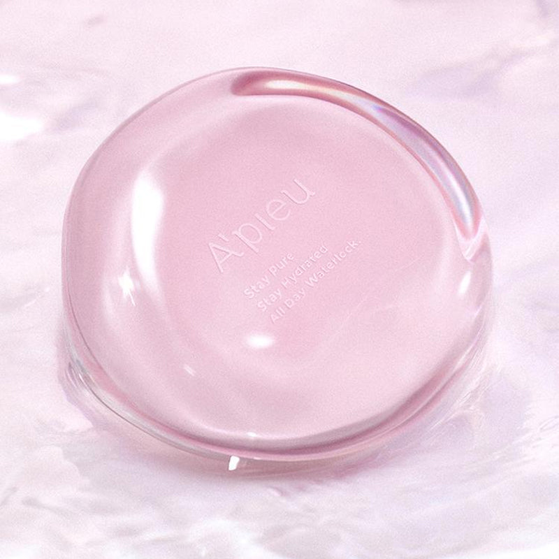 A'PIEU Waterlock Comfort Veil Cushion 15g, brume rose sur coussin, boîte marque A'PIEU, fond clair