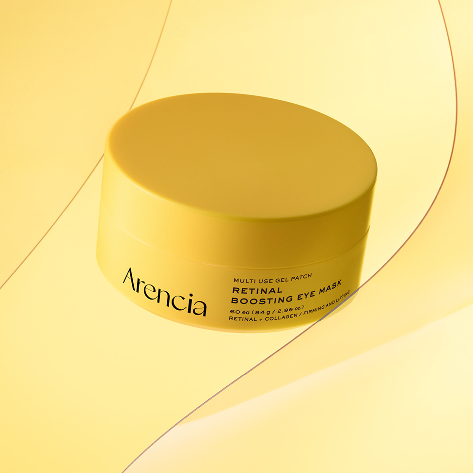 ARENCIA Retin-A Boosting Eye Mask 60ea, pot de masques yeux, marque ARENCIA sur fond jaune pastel.