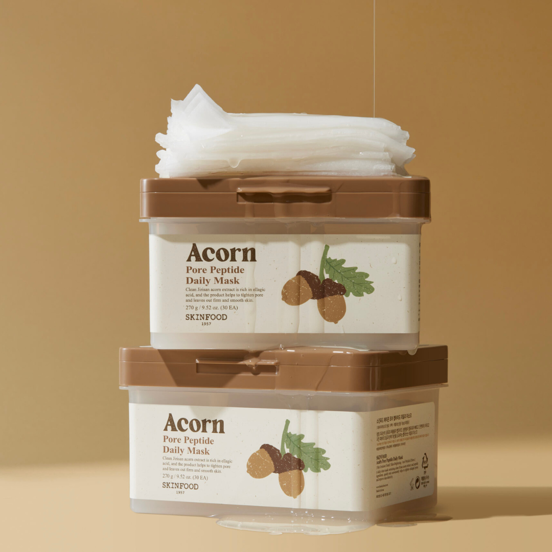 SKINFOOD Acorn Pore Peptide Daily Mask 30p 270g, masques crème beige sur fond beige, marque SKINFOOD, photo produit