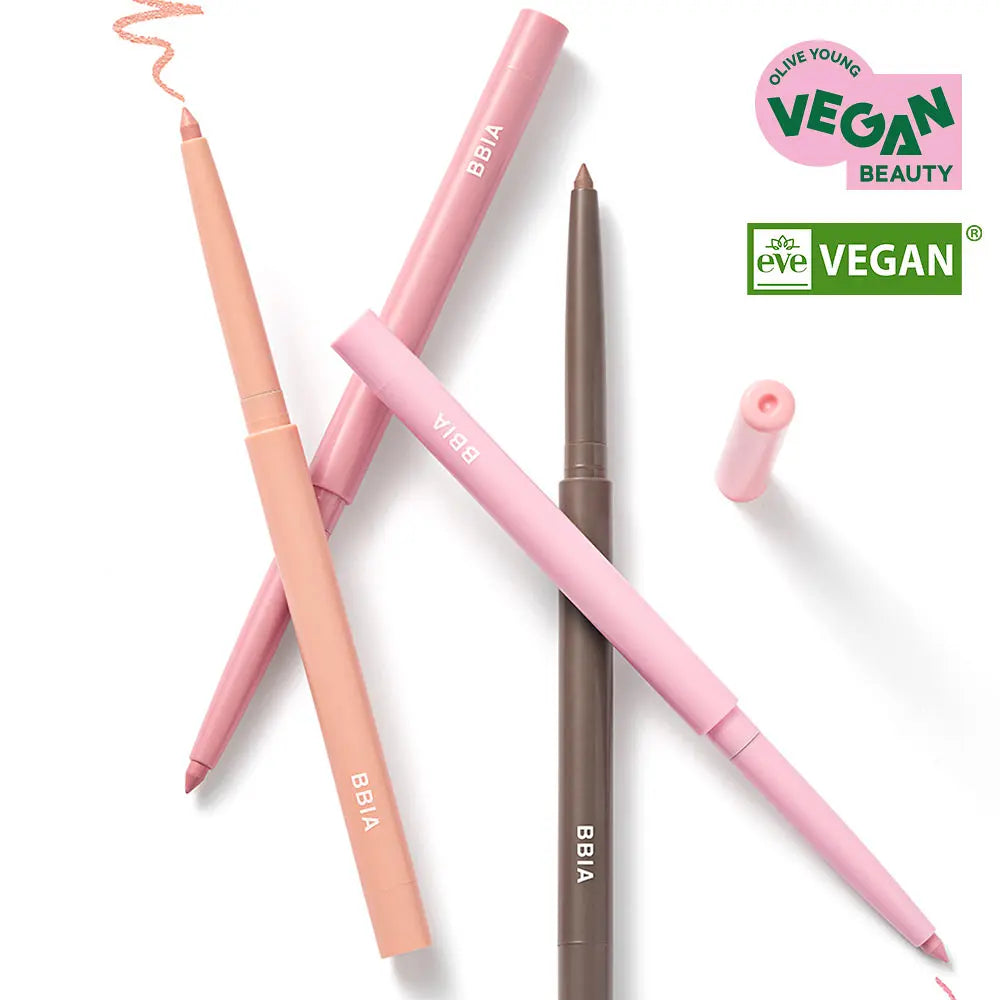 BBIA Last Auto Gel Eyeliner 26 colors : crayons gel auto BBIA sur fond blanc, dégradés de teintes, look maquillage vegan