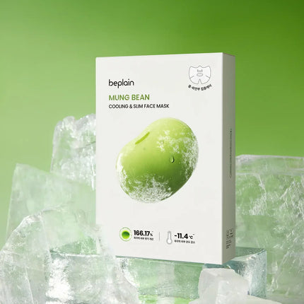 BEPLAIN Green Bean Cooling And Slim Face Mask, boîte et masque beplan sur glace, visuel vert rafraîchissant