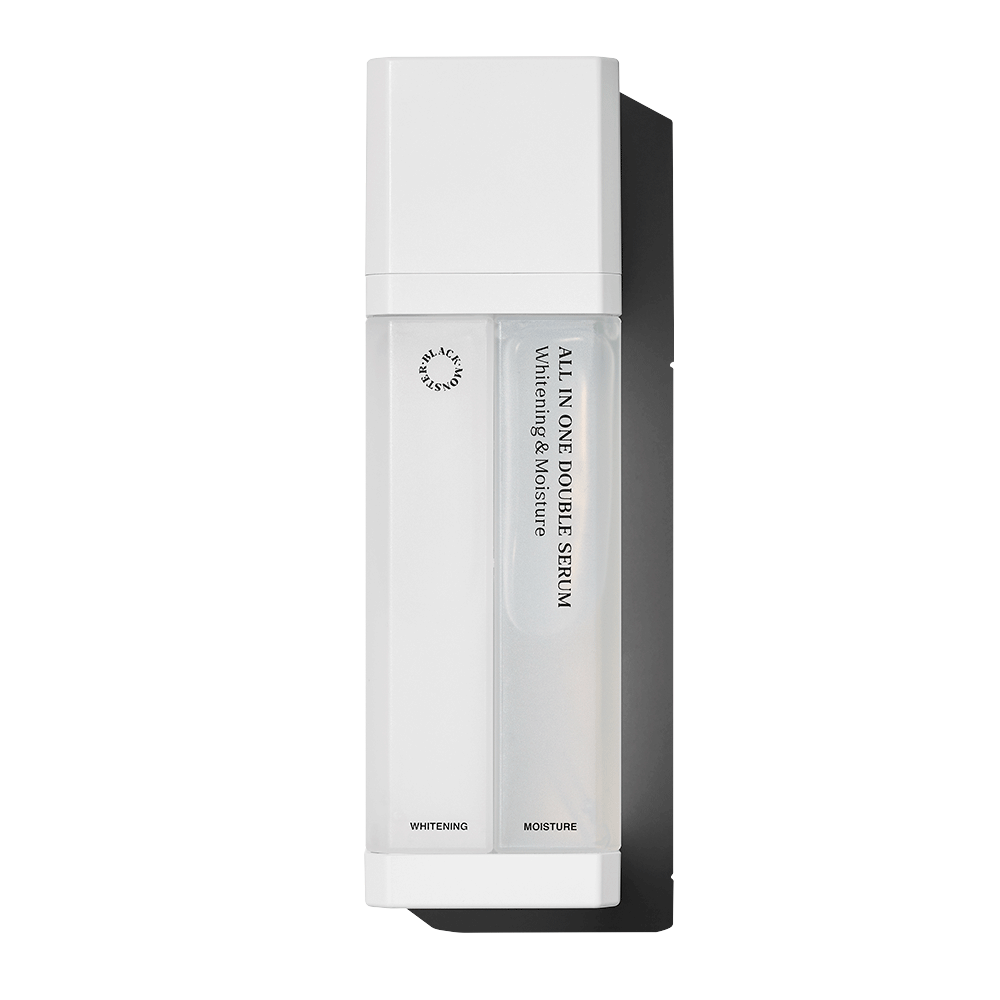BLACK MONSTER White All-in-One Double Serum 75ml, flacon blanc sur fond clair, marque et sérum visibles, photo produit.