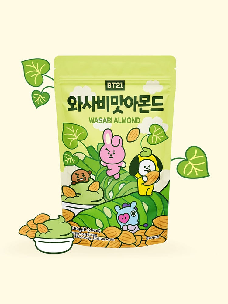 BT21 ALMOND (180g) LINE FRIENDS : sachet kawaii aux wasabi almonds, personnages BT21 dans un décor vert