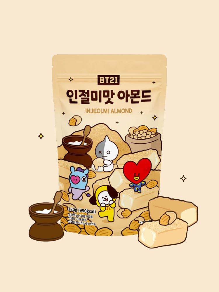 BT21 ALMOND (180g) LINE FRIENDS : sachet kawaii avec personnage BT21 sur fond crème, ambiance chaleureuse.