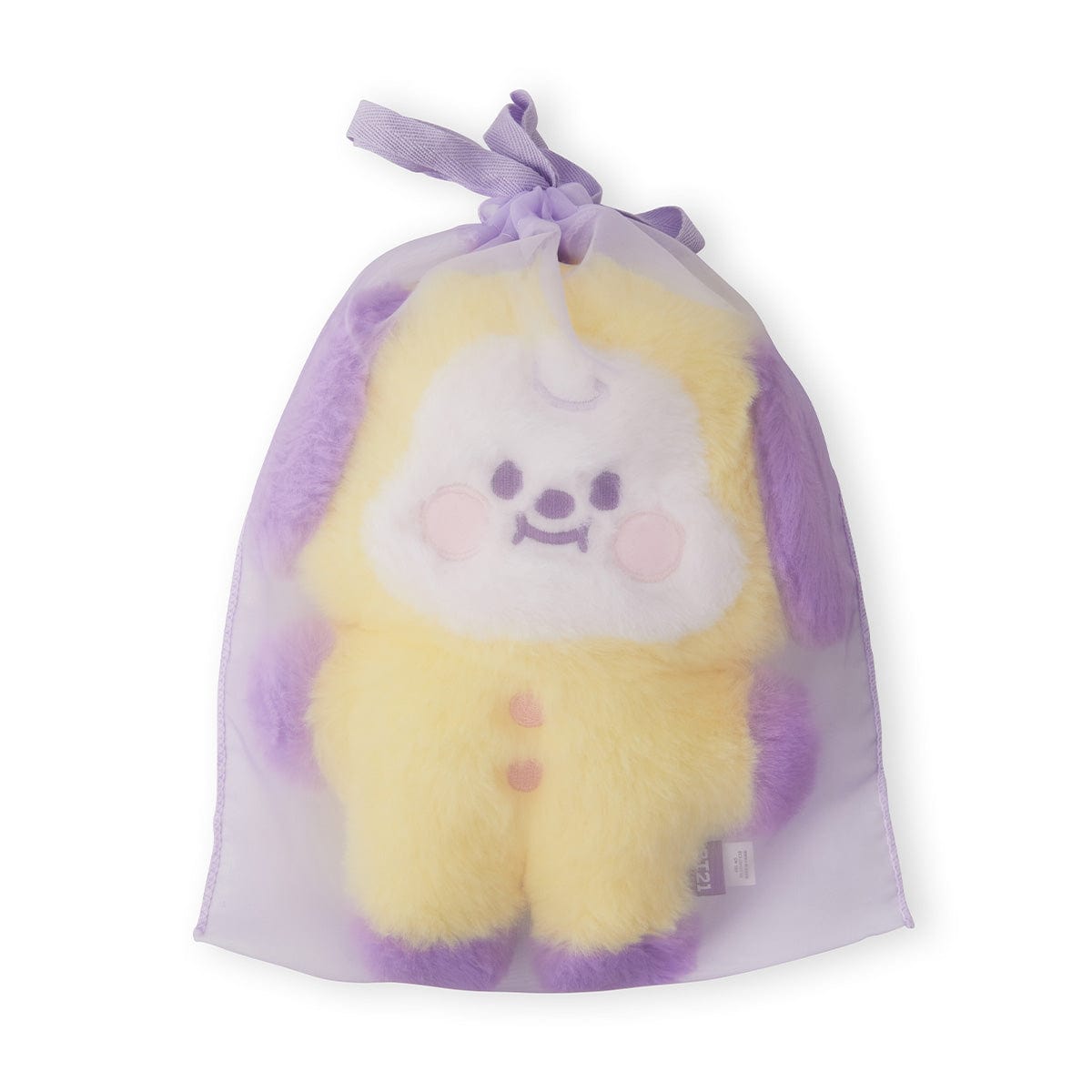 BT21 BABY CHIMMY FLAT FUR STANDING DOLL PURPLE HEART EDITION : peluche Chimi de Jimin, petit chiot violet, sur fond blanc.