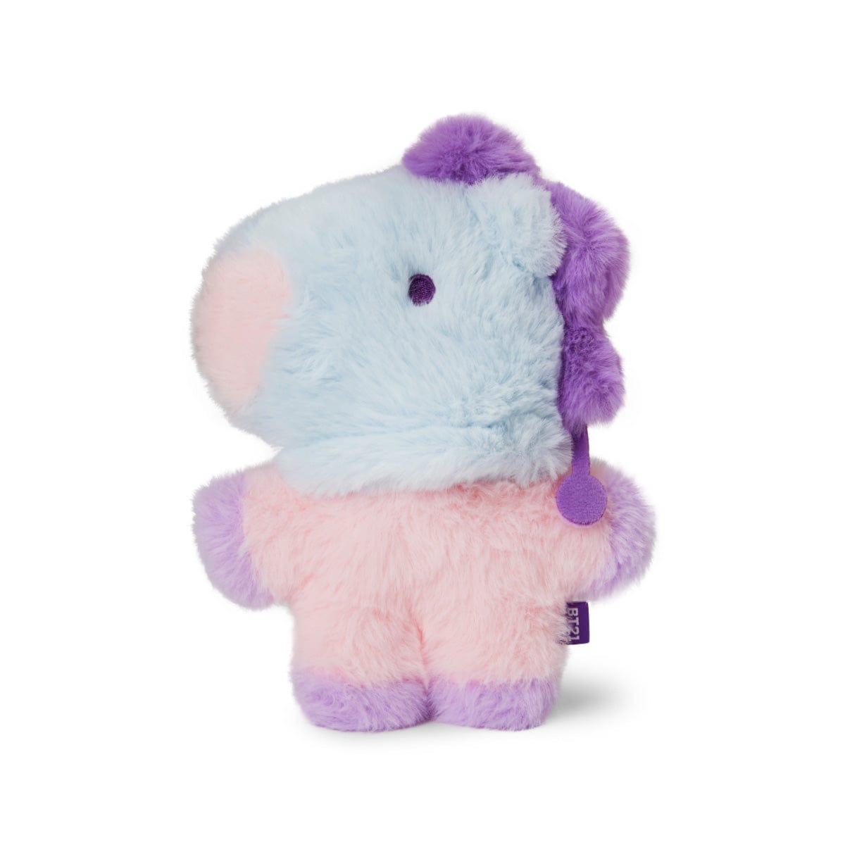 BT21 BABY MANG FLAT FUR STANDING DOLL PURPLE HEART EDITION : peluche debout Mang bleu-violet sur fond blanc.