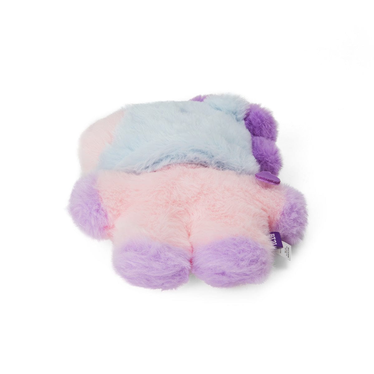 BT21 BABY MANG FLAT FUR STANDING DOLL PURPLE HEART EDITION, peluche Mang danseur masqué BT21, cœur violet, fond blanc.