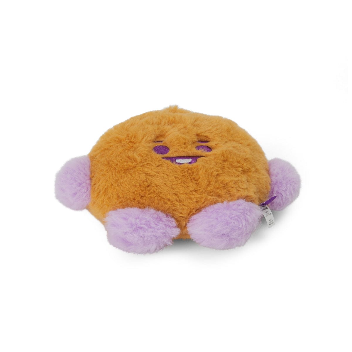 BT21 BABY SHOOKY FLAT FUR STANDING DOLL PURPLE HEART EDITION : peluche Shooky violet sur fond blanc, style déco chambre