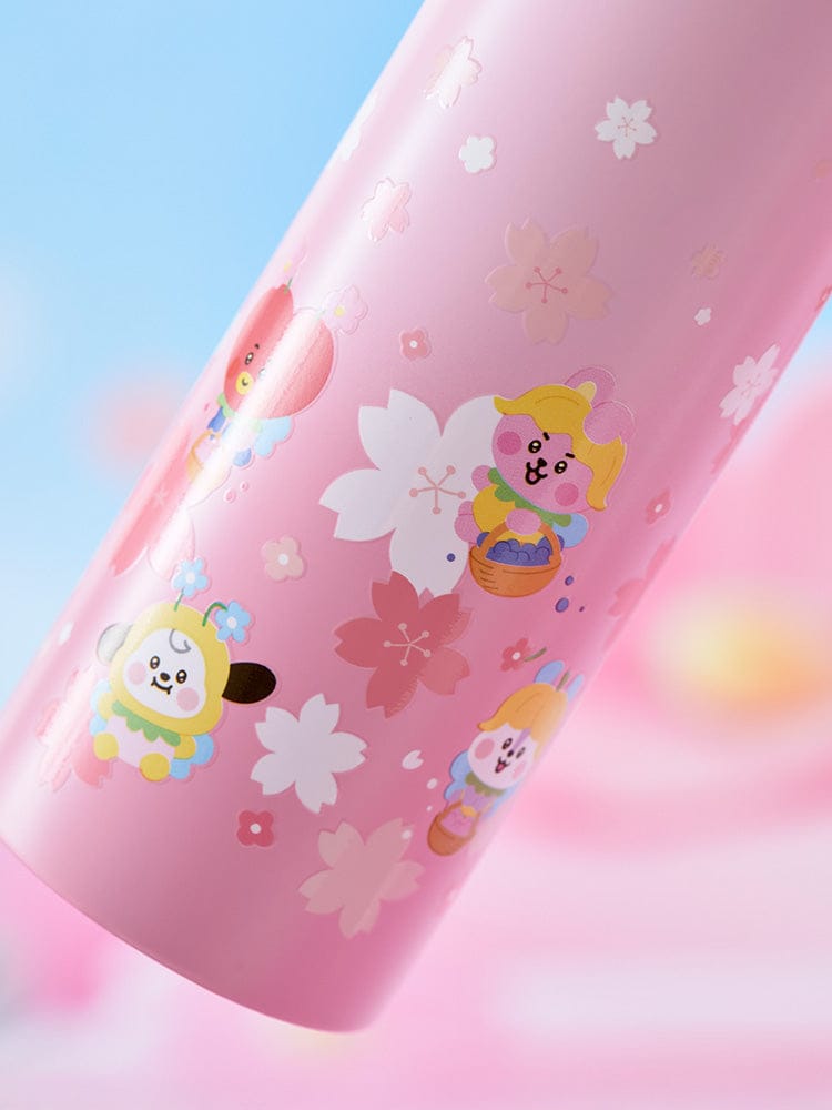 BT21 BABY TUMBLER(16oz) SPRING FAIRY : gobelet rose kawaii BT21, design fleurs et personnages, fond bleu/rose pastel