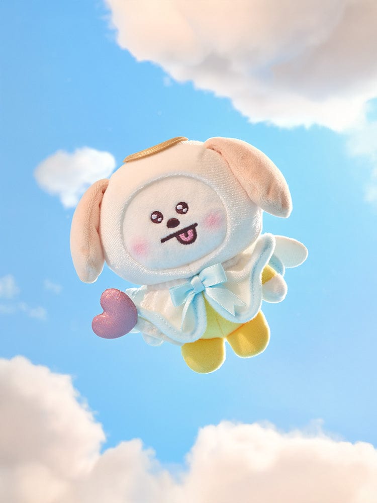 BT21 CHIMMY ANGEL PLUSH ANGEL & VILLAIN, peluche officielle LINE FRIENDS en ange sur fond ciel bleu