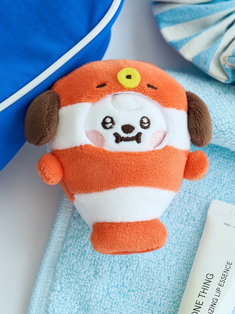 BT21 CHIMMY BABY MINI DOLL OCEAN FRIENDS : peluche officielle Jimin BTS, chiot Chimm y sur plaid bleu océan, détails doux.
