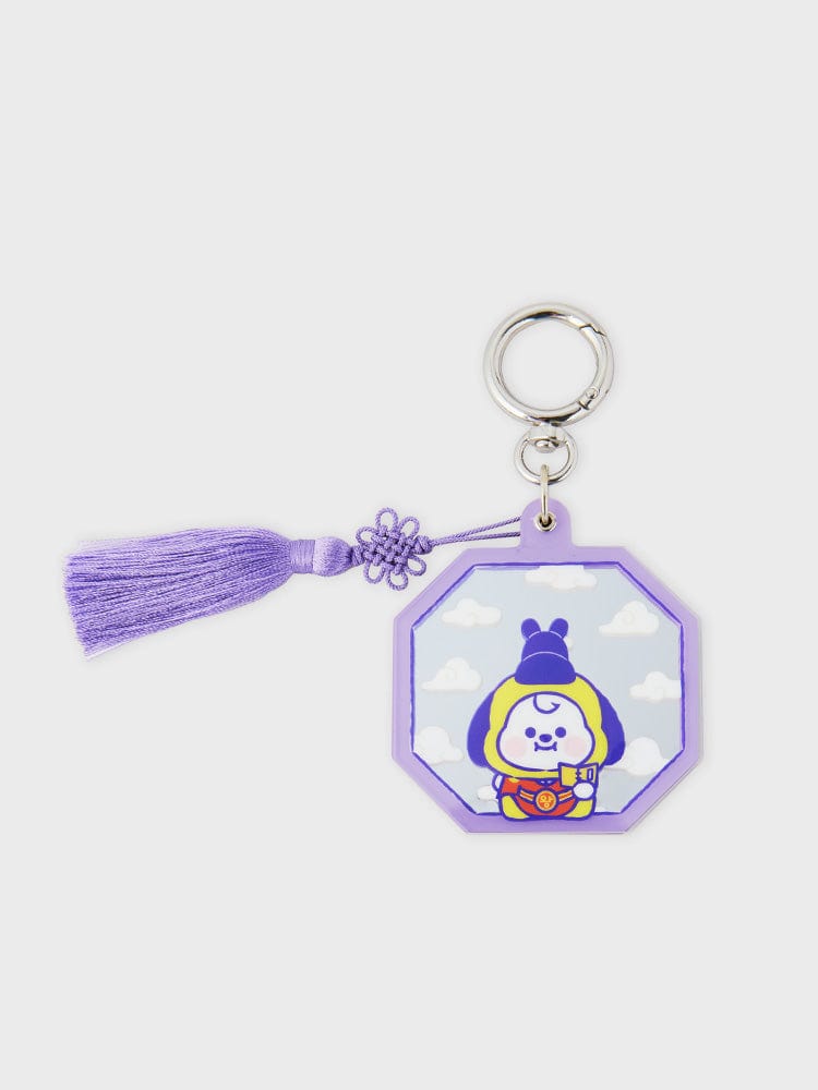 BT21 CHIMMY BABY MIRROR KEYRING K-EDITION ver.2 : porte-clés miroir officiel LINE avec CHIMMY, pompon violet, sur fond clair