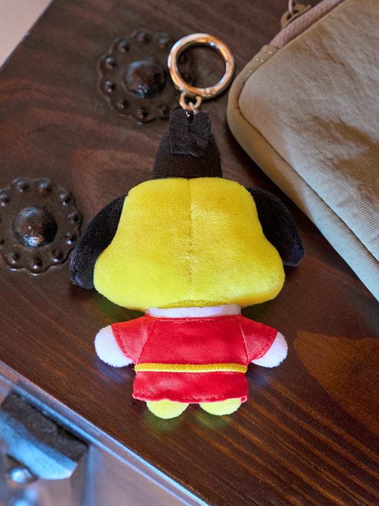 BT21 CHIMMY BABY PLUSH KEYRING K-EDITION 2, porte-clés LINE FRIENDS officiel, peluche chiot CHIMMY sur table en bois