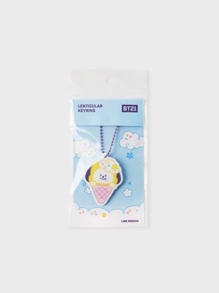 BT21 CHIMMY LENTICULAR 3D KEYRING ON THE CLOUD EDITION, porte-clés officiel LINE FRIENDS sur fond clair, boîte nuage.