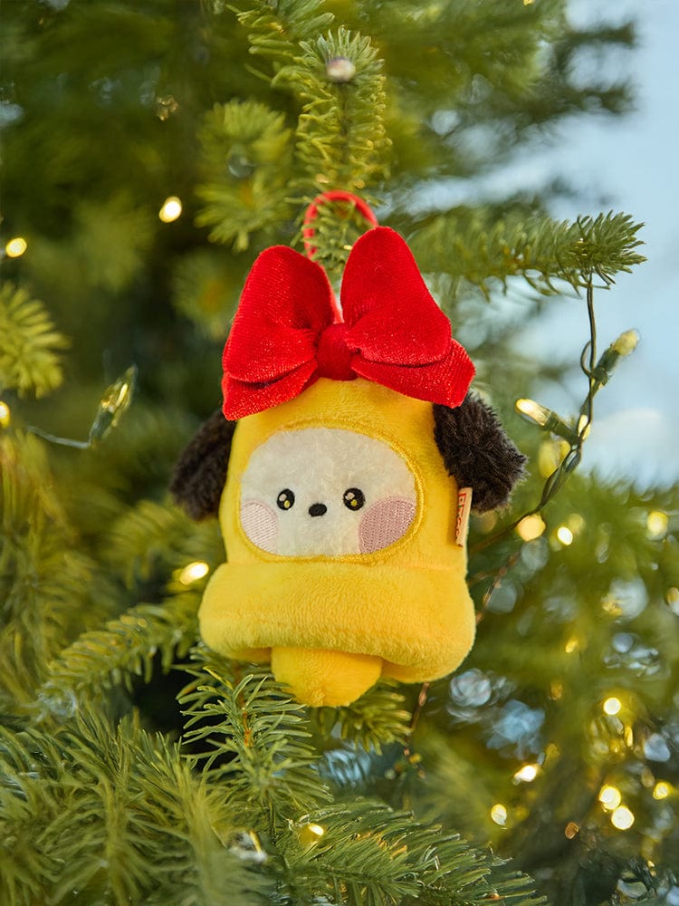 BT21 CHIMMY mini minini ORNAMENT PLUSH KEYRING PETITE HOLIDAY, porte-clés plush CHIMMY avec nœud rouge sur sapin décoré