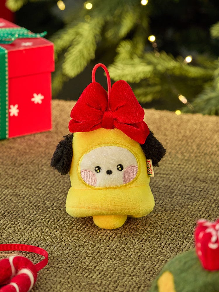 BT21 CHIMMY mini minini ORNAMENT PLUSH KEYRING PETITE HOLIDAY, porte-clés sur toile près du sapin, décoration de Noël.