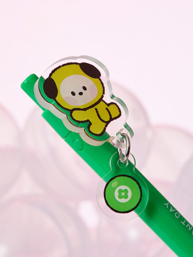 BT21 CHIMMY minini GEL PEN LUCKY GATCHA, stylo gel officiel LINE FRIENDS, sur fond rose avec CHIMMY et porte-clés vert.