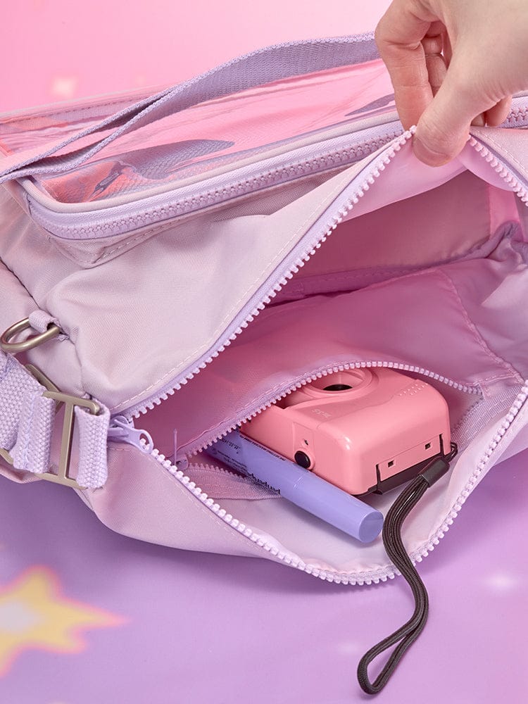 BT21 CLEAR POCKET MULTI CROSSBODY BAG THE JOURNEY, sac bandoulière transparent BT21/LINE FRIENDS, poche ouverte, intérieur violet.