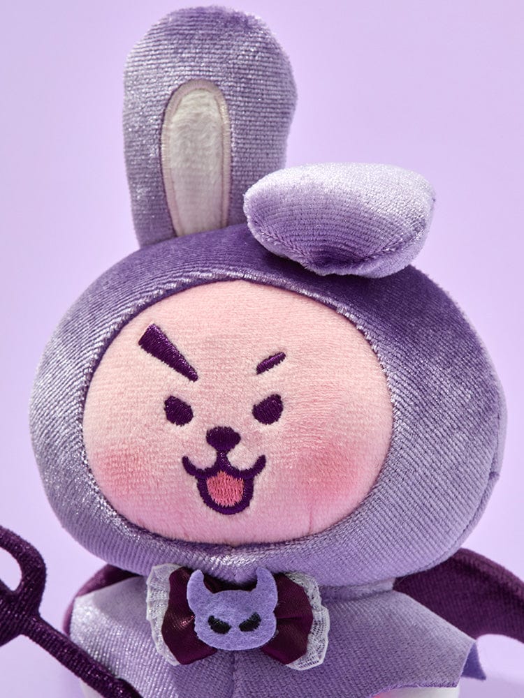 BT21 COOKY VILLAIN PLUSH ANGEL & VILLAIN, peluche officielle LINE FRIENDS sur fond violet, lapin musclé COOKY détaillé.