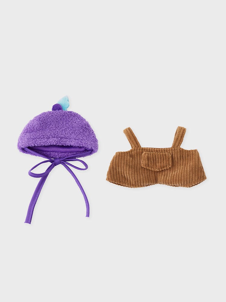 BT21 COSTUME PLUSH CLOSET - OVERALL HOPE IN LOVE : tenue en peluche violette et salopette beige, décor chambre BT21/LINE FRIENDS.