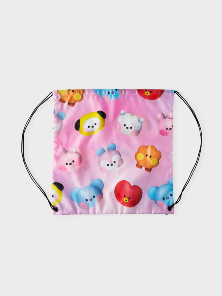 BT21 DRAWSTRING BACKPACK BIG & TINY EDITION : sac à dos à cordon rose LINE FRIENDS, imprimé personnages BT21, vue de face