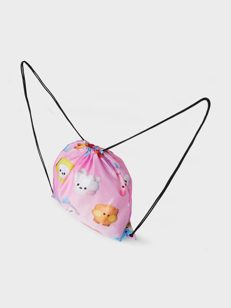 BT21 DRAWSTRING BACKPACK BIG & TINY EDITION : sac à dos à cordon LINE FRIENDS, design pastel personnages sur fond blanc.