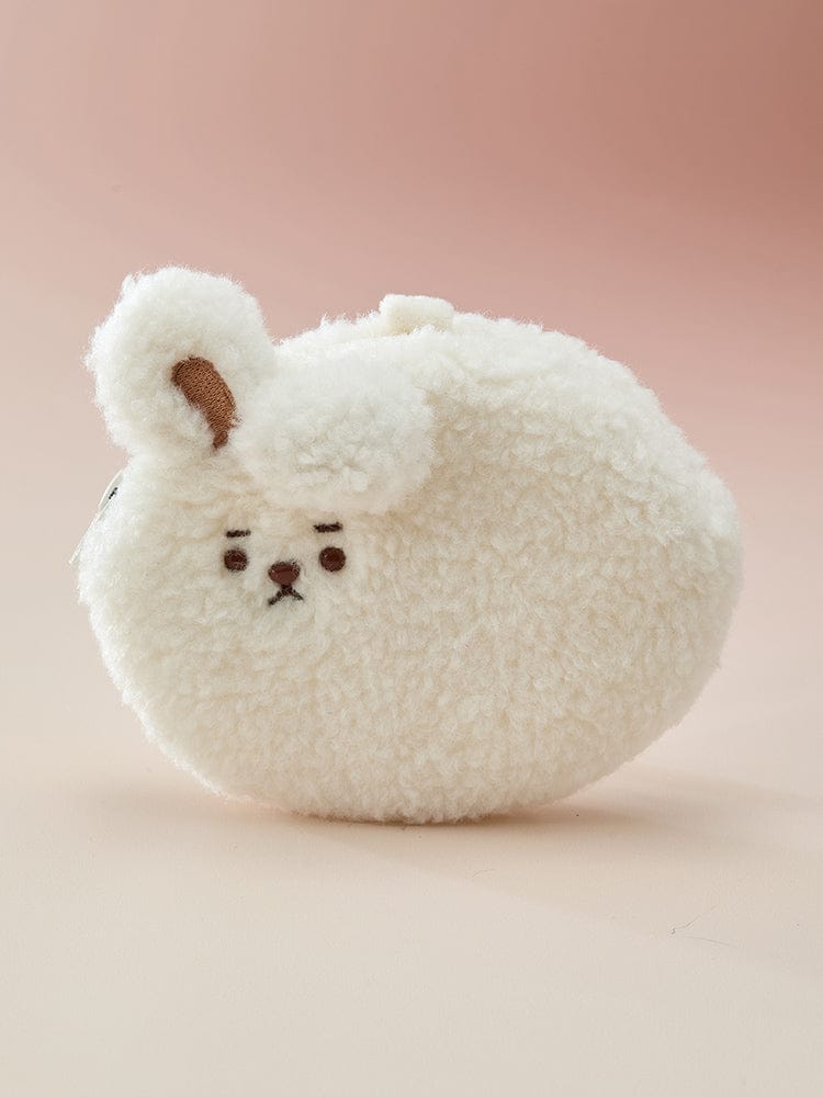 BT21 FLAT POUCH MADE BY RJ : pochette plate peluche alpaga RJ, tissu doux, fond rose, produit officiel LINE FRIENDS.
