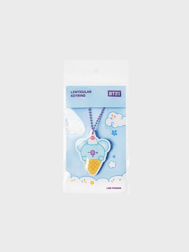 BT21 KOYA LENTICULAR 3D KEYRING ON THE CLOUD EDITION : porte-clés KOYA en packaging, fond ciel bleu LINE FRIENDS