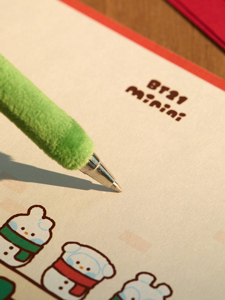 BT21 KOYA mini minini SNOWMAN PLUSH GEL PEN PETITE HOLIDAY : stylo à bille avec mini peluche, décor fête sur fond beige