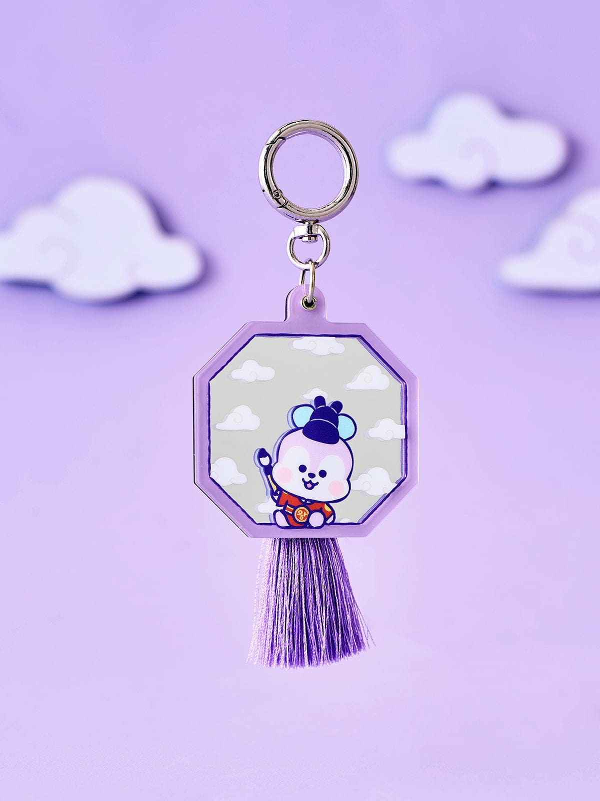 BT21 MANG BABY MIRROR KEYRING K-EDITION ver.2, porte-clés officiel LINE FRIENDS avec miroir, fond violet et nuages