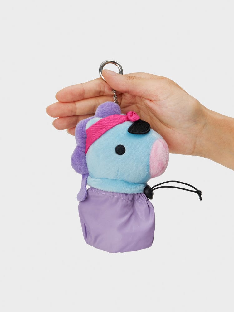 BT21 MANG BABY TRAVEL BAG CHARM officiel LINE FRIENDS, porte-clés en main avec figurine poney danseur violet et bleu.