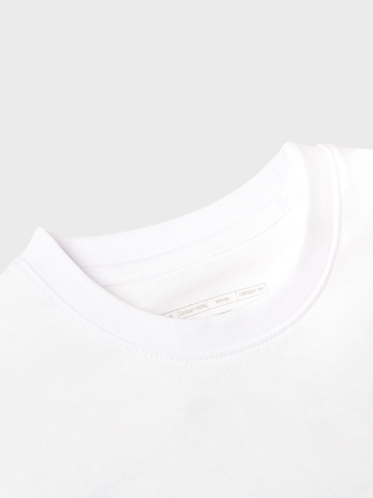 BT21 MANG BASIC SHORT SLEEVE TSHIRT WHITE (M) : t-shirt blanc officiel LINE FRIENDS, gros plan col et couture.