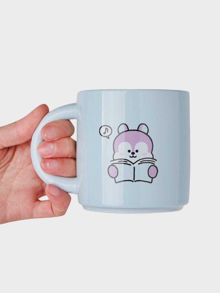 BT21 MANG MUG CUP (12 OZ) NEW BASIC EDITION, mug bleu LINE FRIENDS avec MANG danseur masqué, poignée à la main, intérieur kawaii.