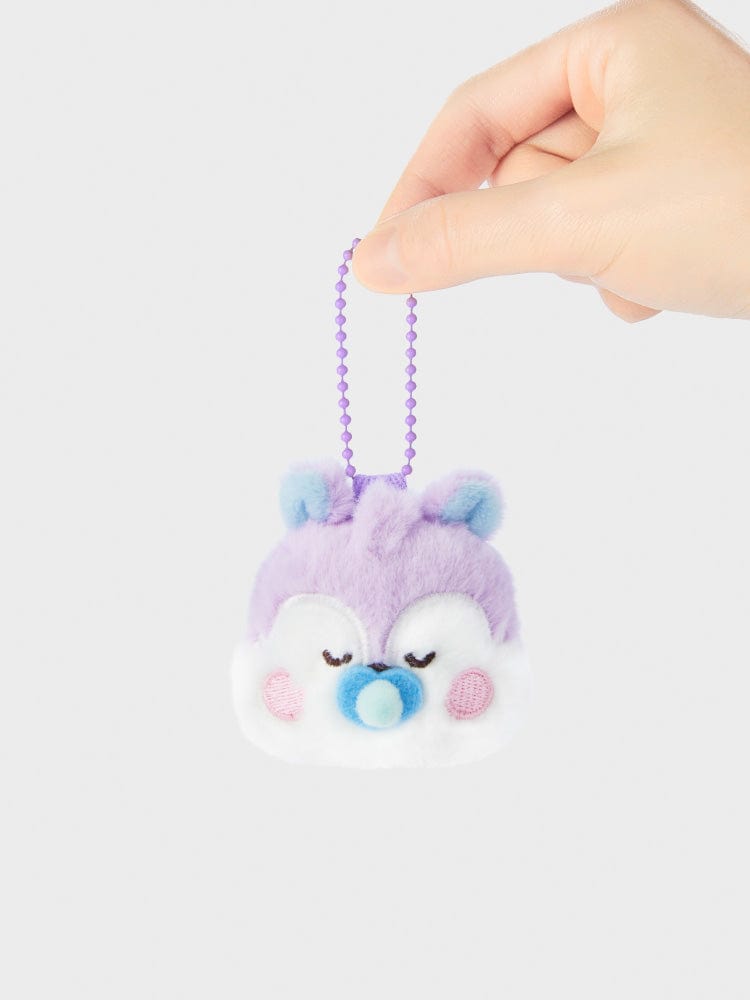 BT21 MANG NEWBORN BABY PLUSH KEYRING officiel LINE FRIENDS, porte-clés en peluche MANG violet, main tient le keyring